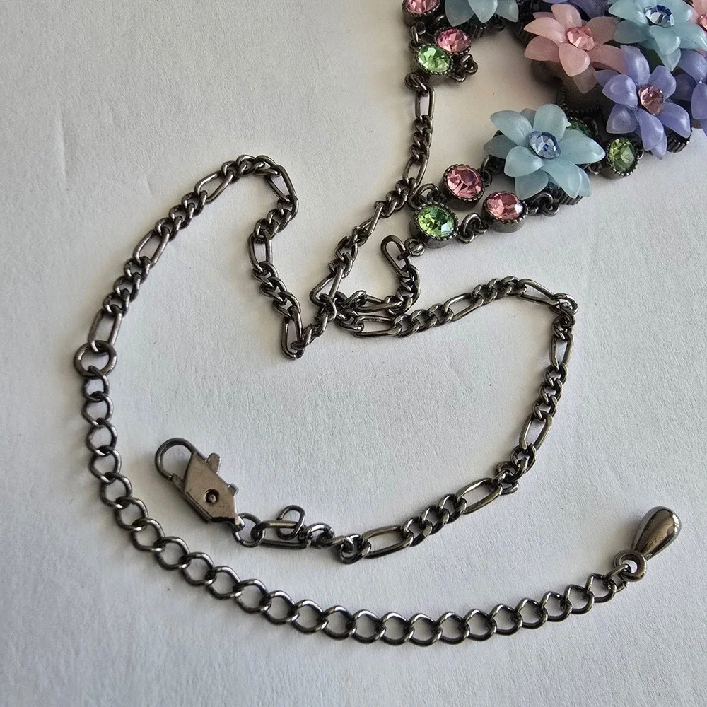 Floral Bib Necklace Earring Set Pastel Resin Flowers Gunmetal Rhinestone Jewelry